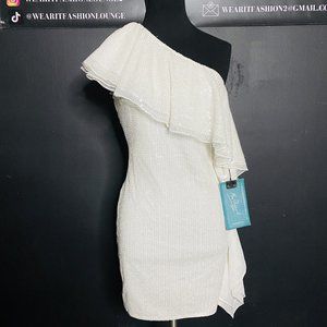 Mac Duggal Draped Ruffle One Shoulder Sequin Mini Dress Size 2